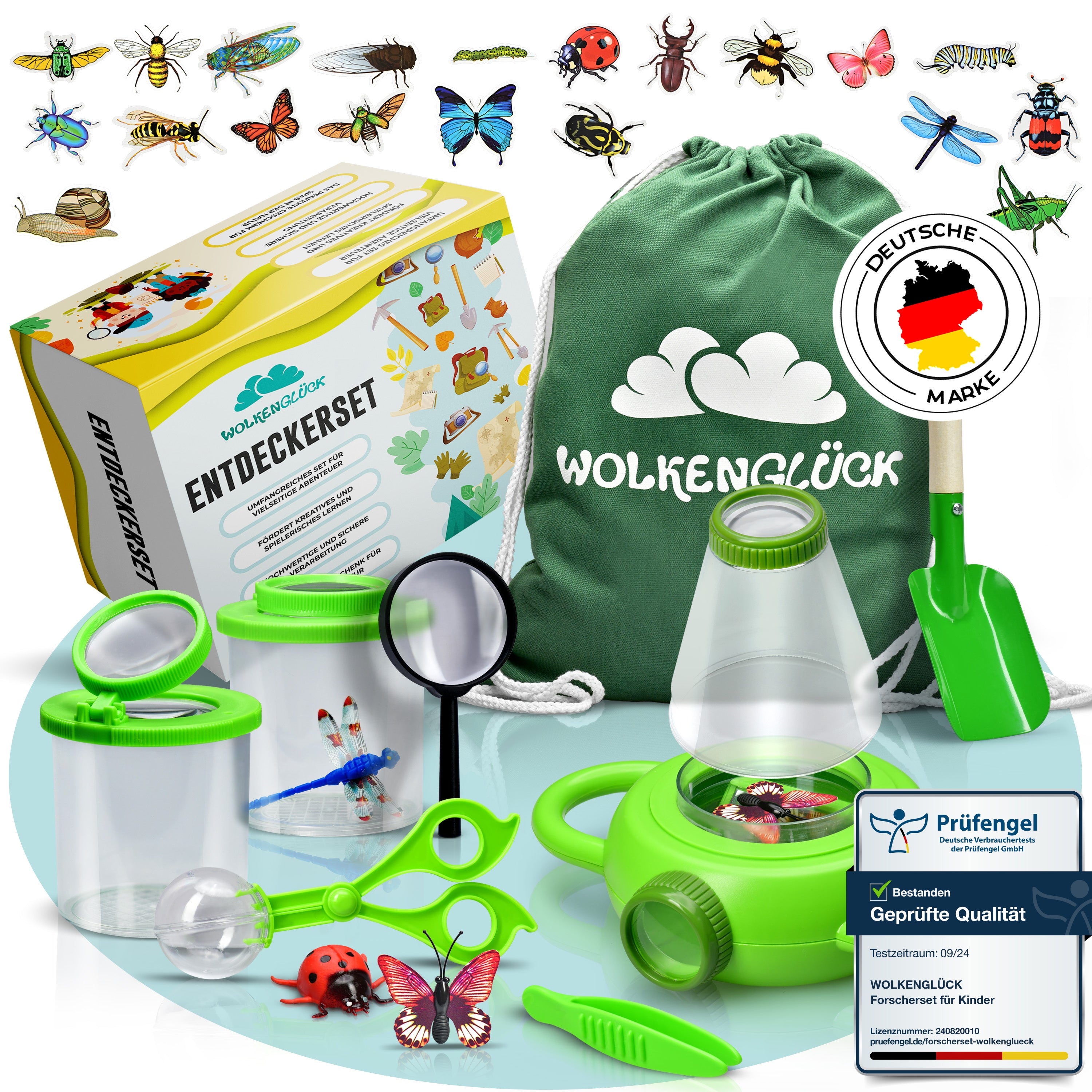 WOLKENGLÜCK® Forscherset für Kinder [ab 3 Jahre] - großes Entdecker-Set für neugierige Insekten- und Naturforscher - mit Becherlupen, Insektenglas, Insektenmodellen & Stickern
