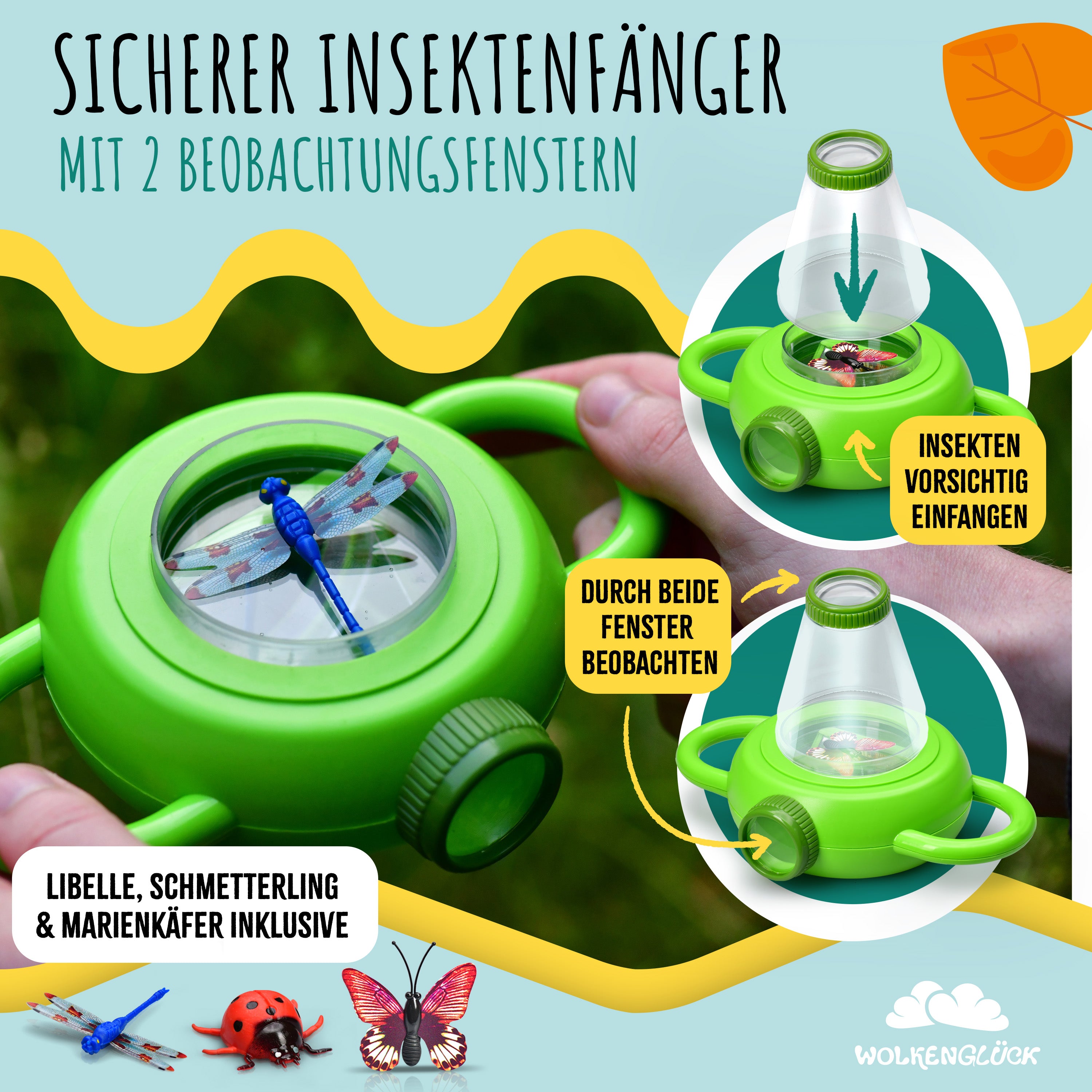 WOLKENGLÜCK® Forscherset für Kinder [ab 3 Jahre] - großes Entdecker-Set für neugierige Insekten- und Naturforscher - mit Becherlupen, Insektenglas, Insektenmodellen & Stickern