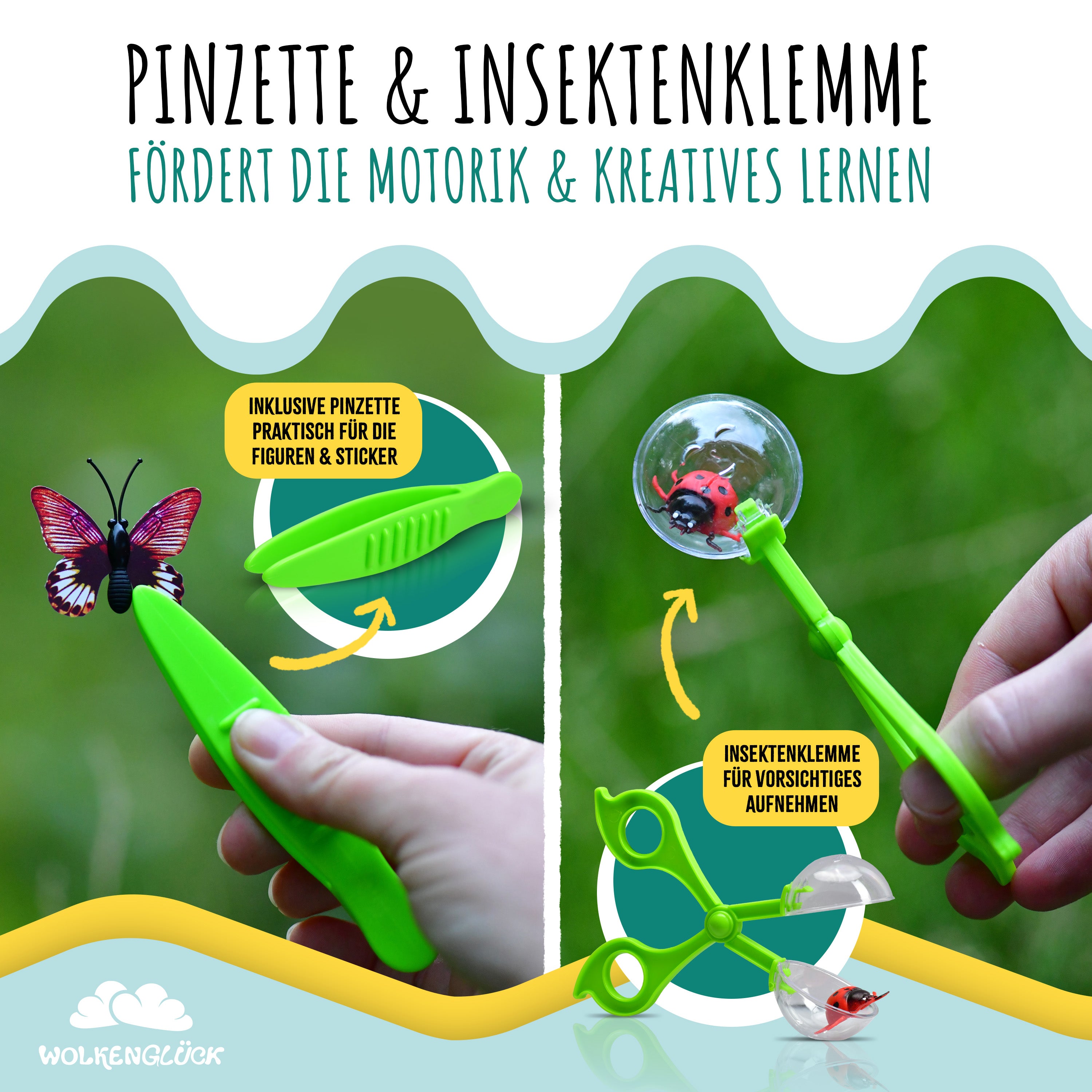 WOLKENGLÜCK® Forscherset für Kinder [ab 3 Jahre] - großes Entdecker-Set für neugierige Insekten- und Naturforscher - mit Becherlupen, Insektenglas, Insektenmodellen & Stickern
