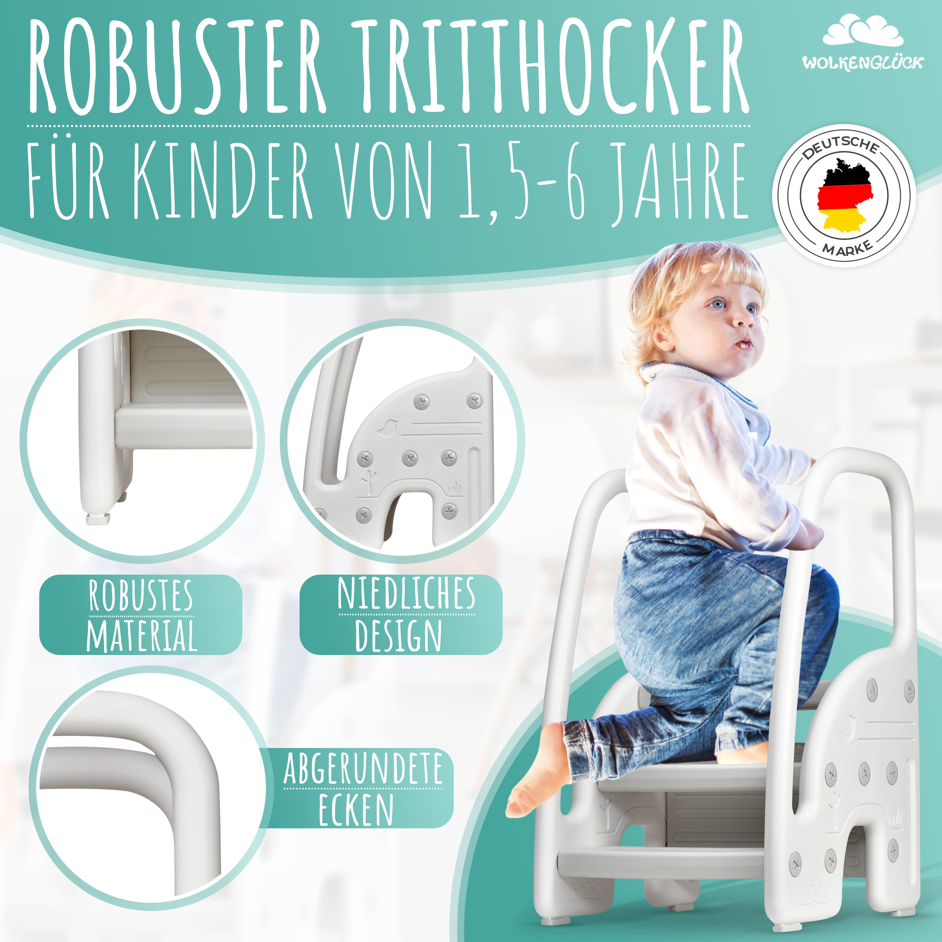 WOLKENGLÜCK® Tritthocker Kinder (3 Stufen) - Rutschfester Kinder Hocker von 1,5 bis 6 Jahre (Belastbar bis 70 kg) - Kindertreppe für Badezimmer, Waschbecken, Küche oder Toilette - Kinderhocker