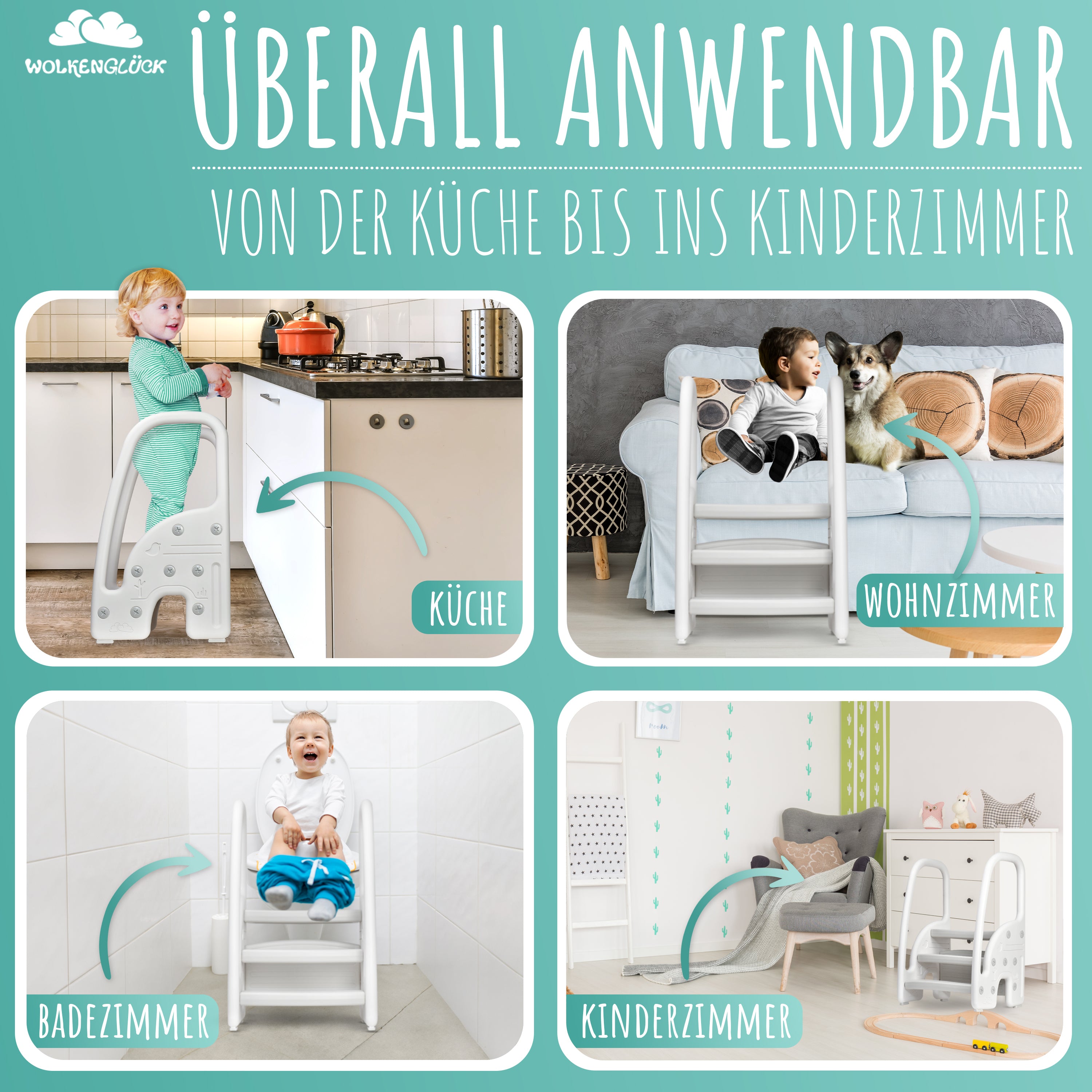 WOLKENGLÜCK® Tritthocker Kinder (3 Stufen) - Rutschfester Kinder Hocker von 1,5 bis 6 Jahre (Belastbar bis 70 kg) - Kindertreppe für Badezimmer, Waschbecken, Küche oder Toilette - Kinderhocker