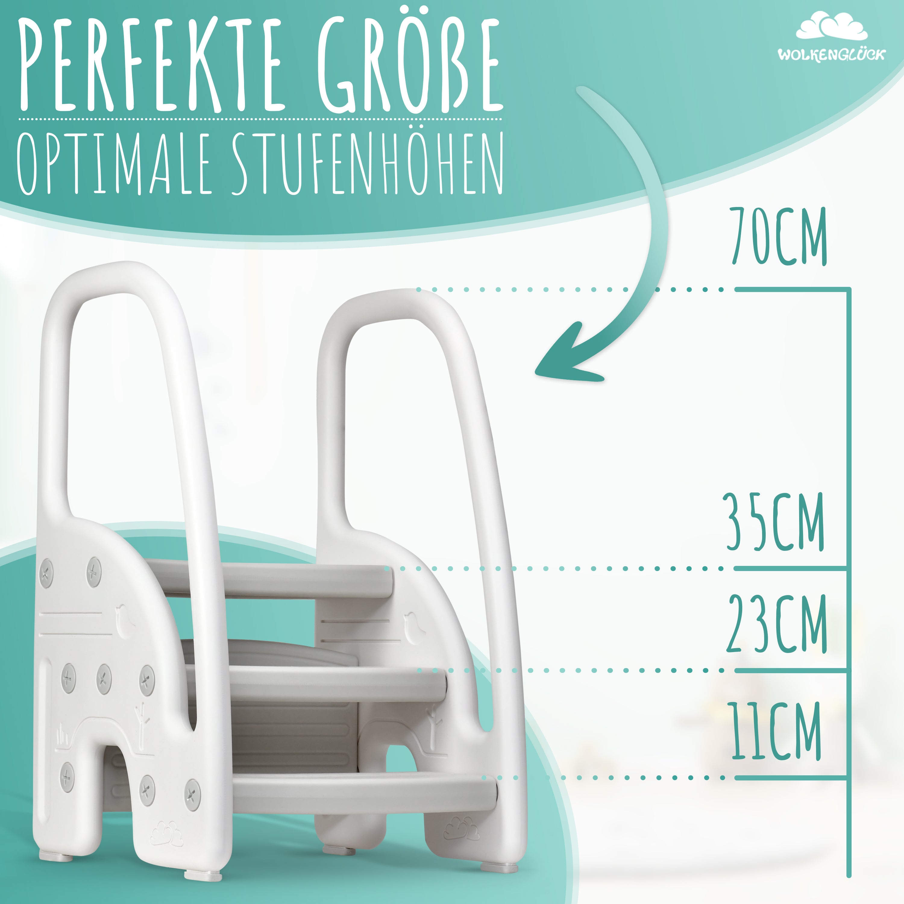 WOLKENGLÜCK® Tritthocker Kinder (3 Stufen) - Rutschfester Kinder Hocker von 1,5 bis 6 Jahre (Belastbar bis 70 kg) - Kindertreppe für Badezimmer, Waschbecken, Küche oder Toilette - Kinderhocker